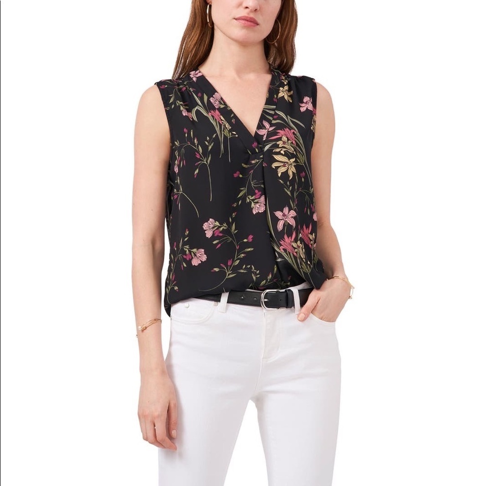 VINCE CAMUTO Floral Black Soirée Sleeveless Top